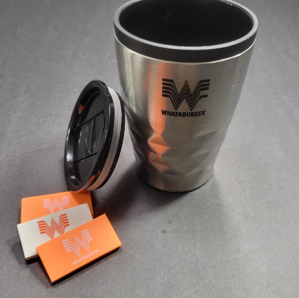 Whataburger Gift Set, W logo and Dr Pepper logo silver tumbler with logo erasers